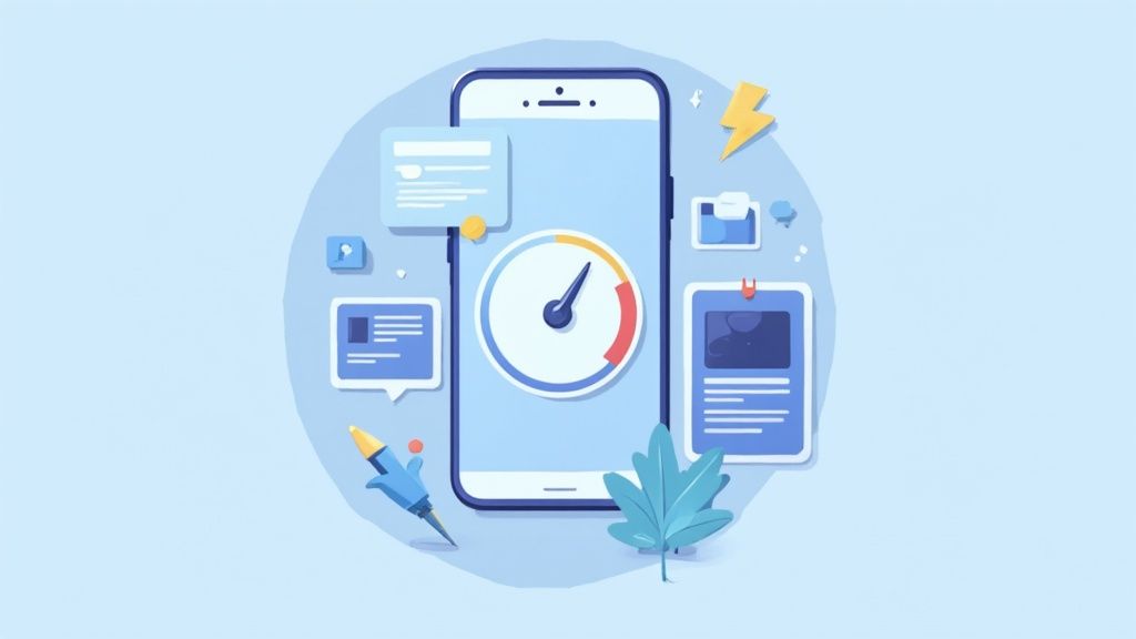 Mobile phone showing a speed meter, with app icons and a lightning bolt, symbolizing fast performance.