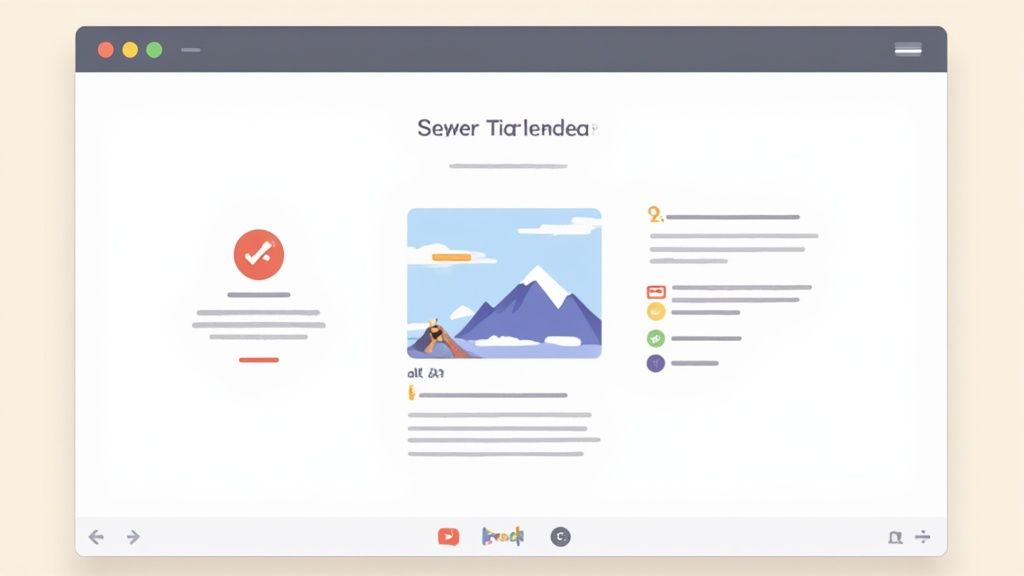 A web browser window showcasing a modern website design with an illustration of mountains and structured content.