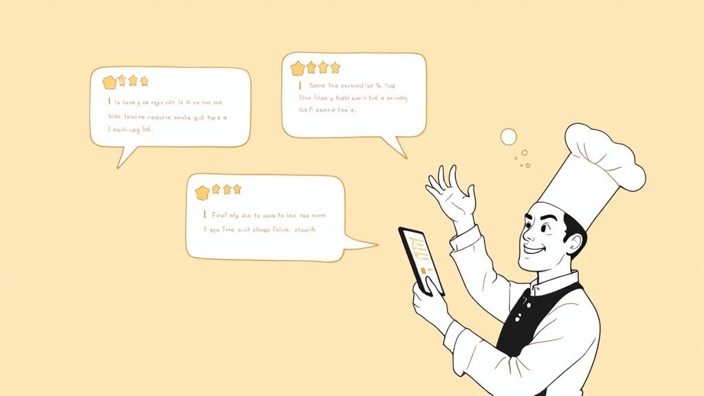 Close-up shot of a restaurant's five-star review glowing on a smartphone screen.