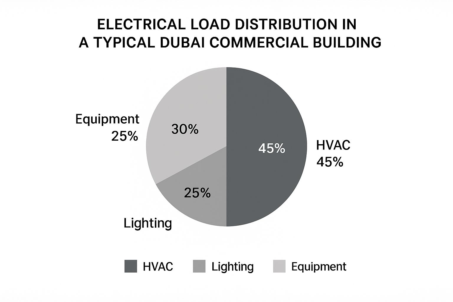 Infographic showing the electrical load distribution in a typical Dubai commercial building: HVAC 45%, Lighting 30%, Equipment 25%.