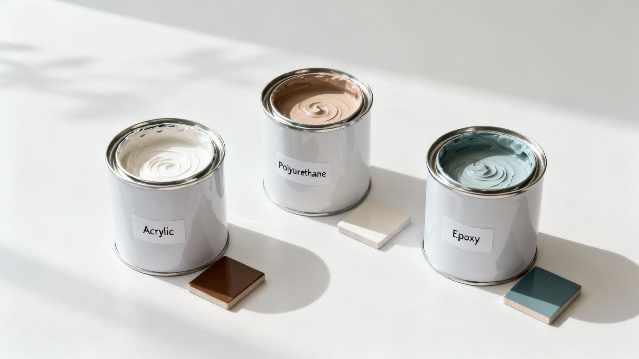 Three open cans of acrylic, polyurethane, and epoxy paint with matching color swatches displayed on a white background.