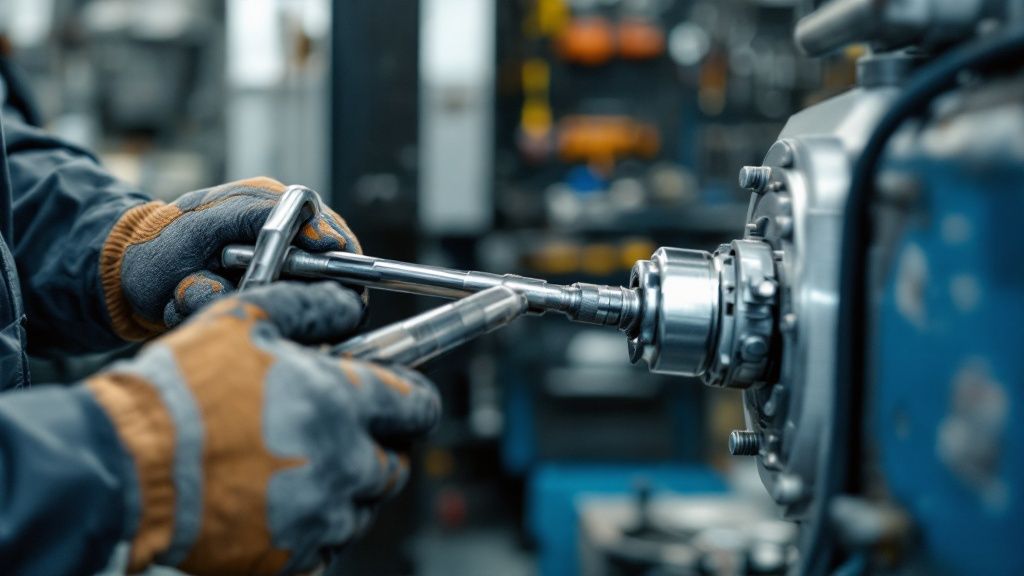 A maintenance worker inspecting an industrial hose connection for leaks and wear.