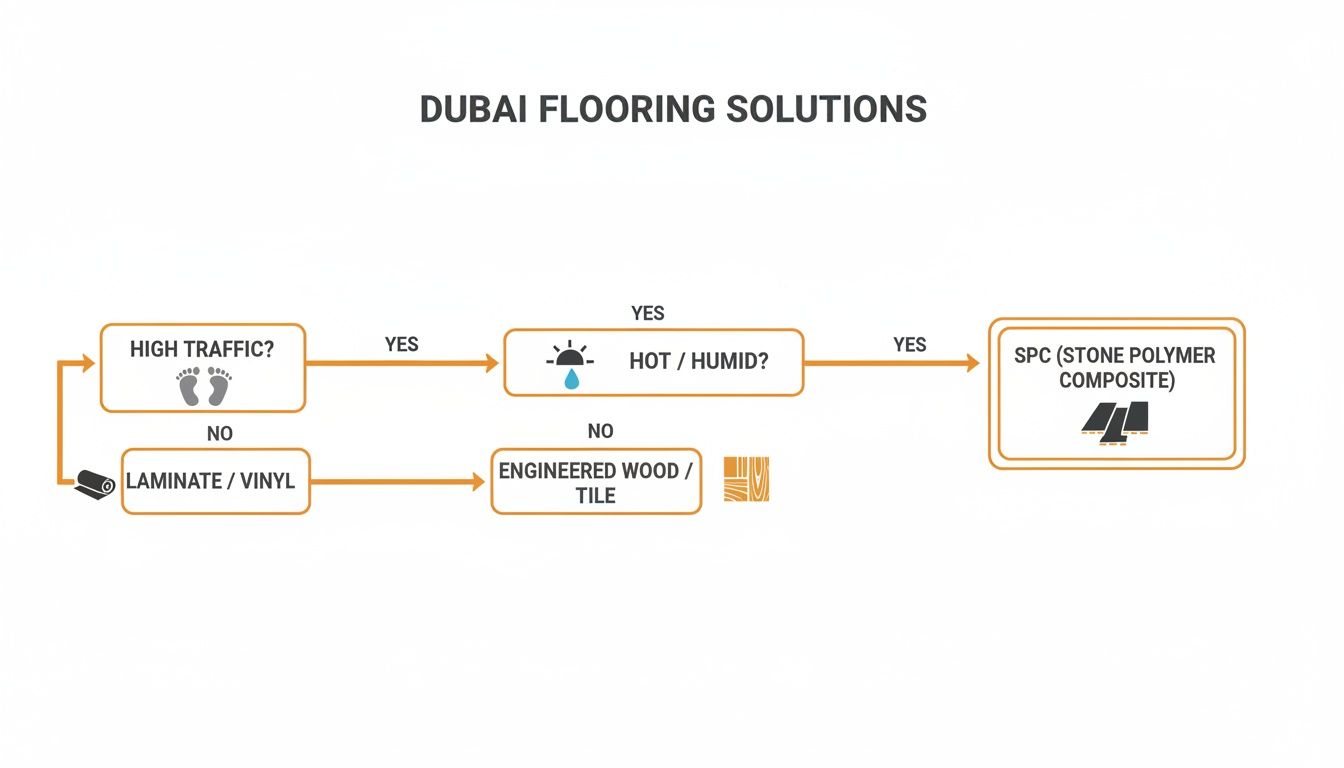 Flowchart illustrating Dubai flooring solutions, recommending SPC for high traffic and hot/humid conditions, or laminate/vinyl for low traffic.