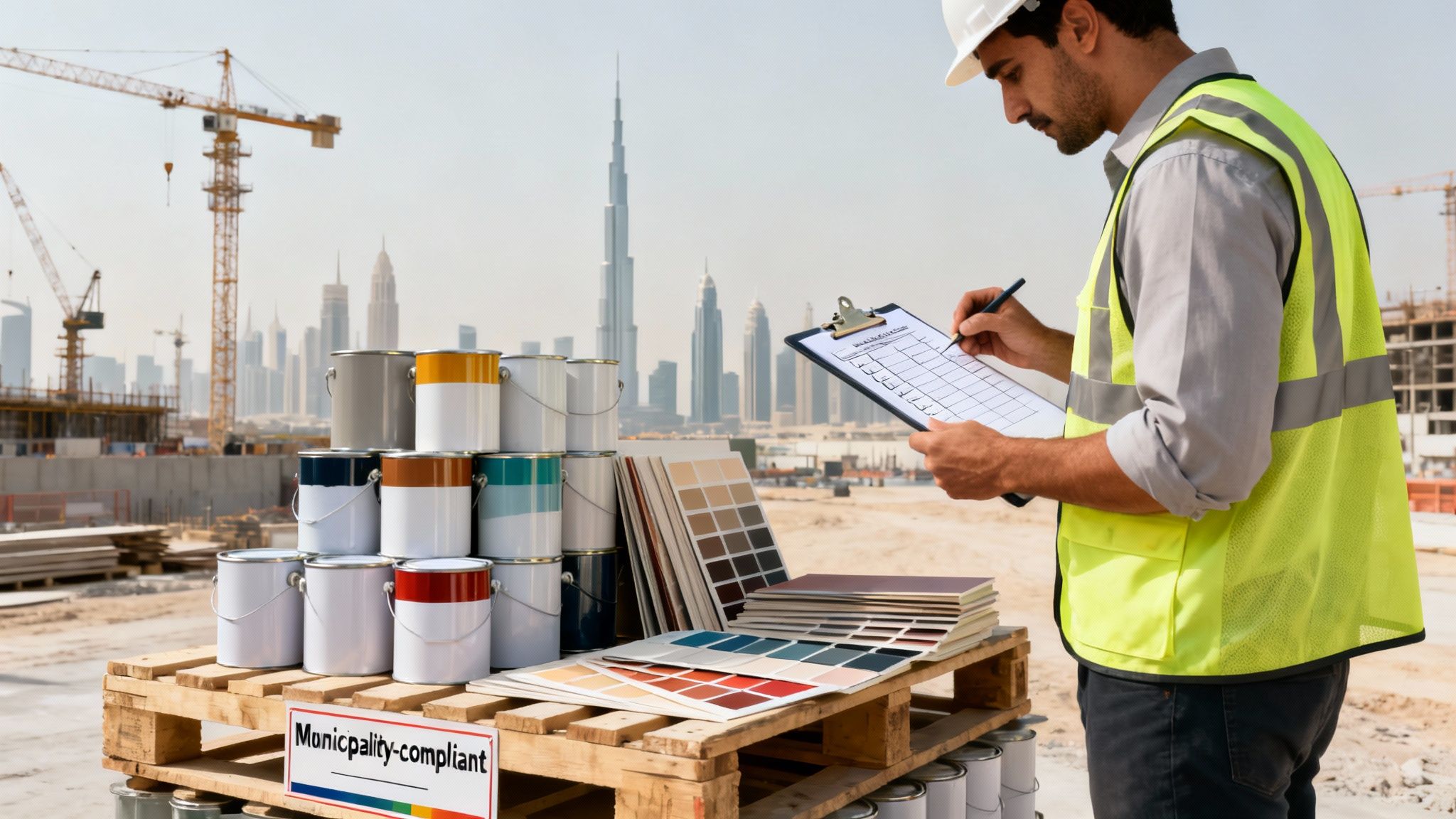 Construction worker in Dubai inspecting paint cans and color swatches at a construction site.