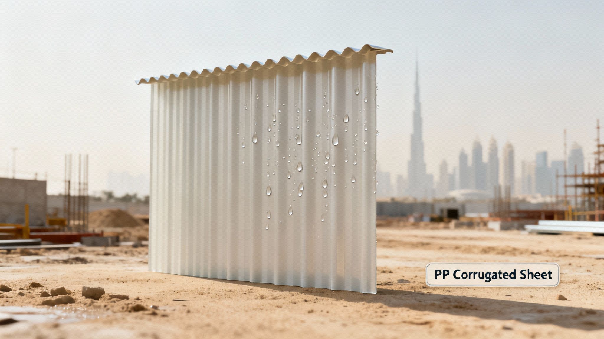 Translucent PP corrugated sheet with water droplets on a sandy construction site in Dubai cityscape background.