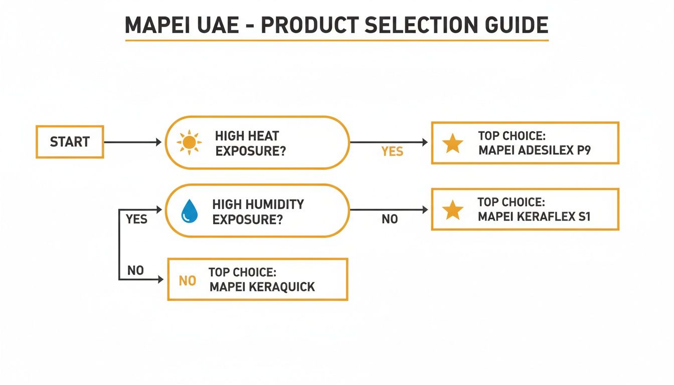Mapei UAE product selection guide flowchart for tile adhesives, recommending products based on environmental exposure.