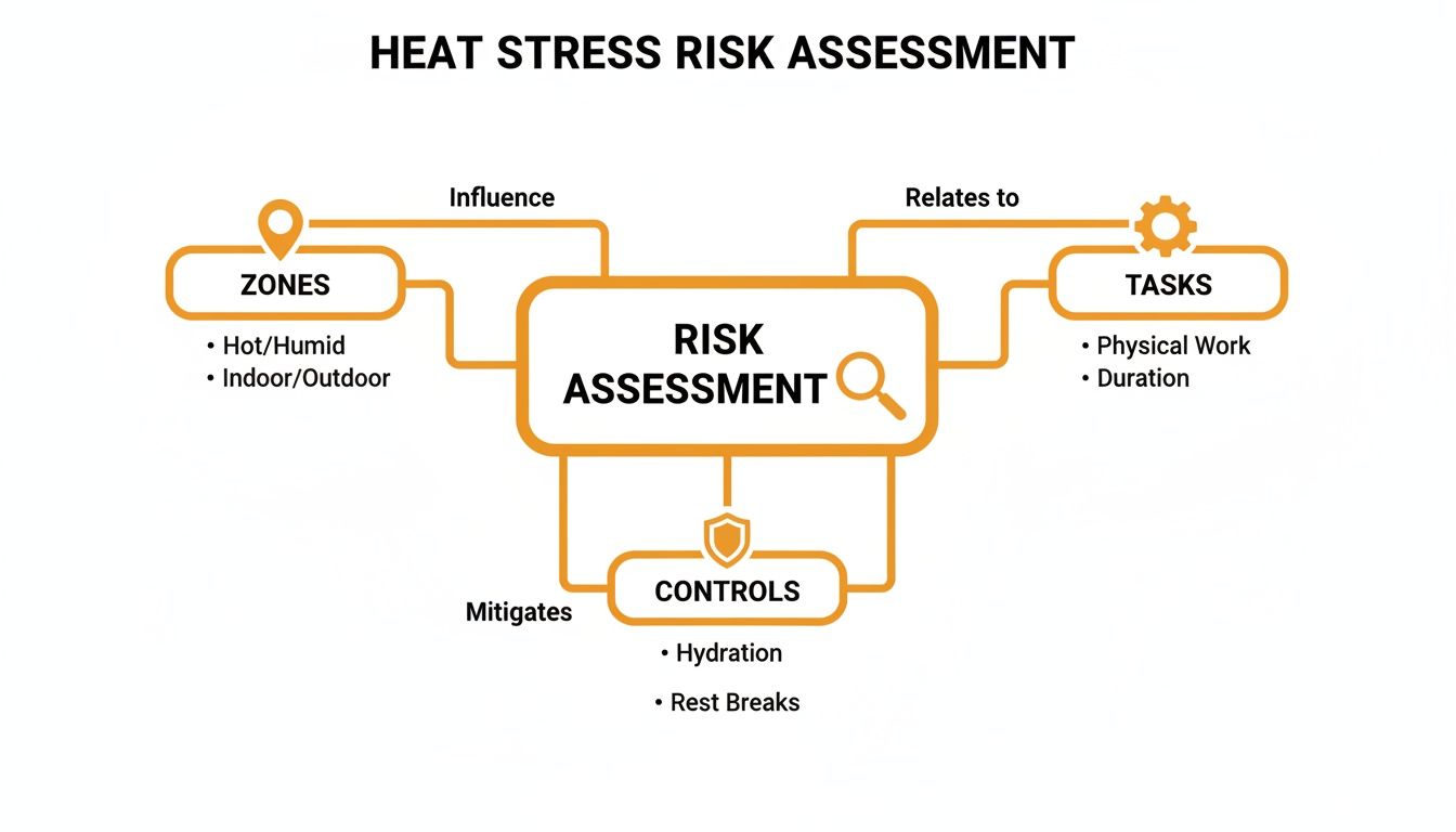 Diagram illustrating the Heat Stress Risk Assessment process, considering zones, tasks, and controls.
