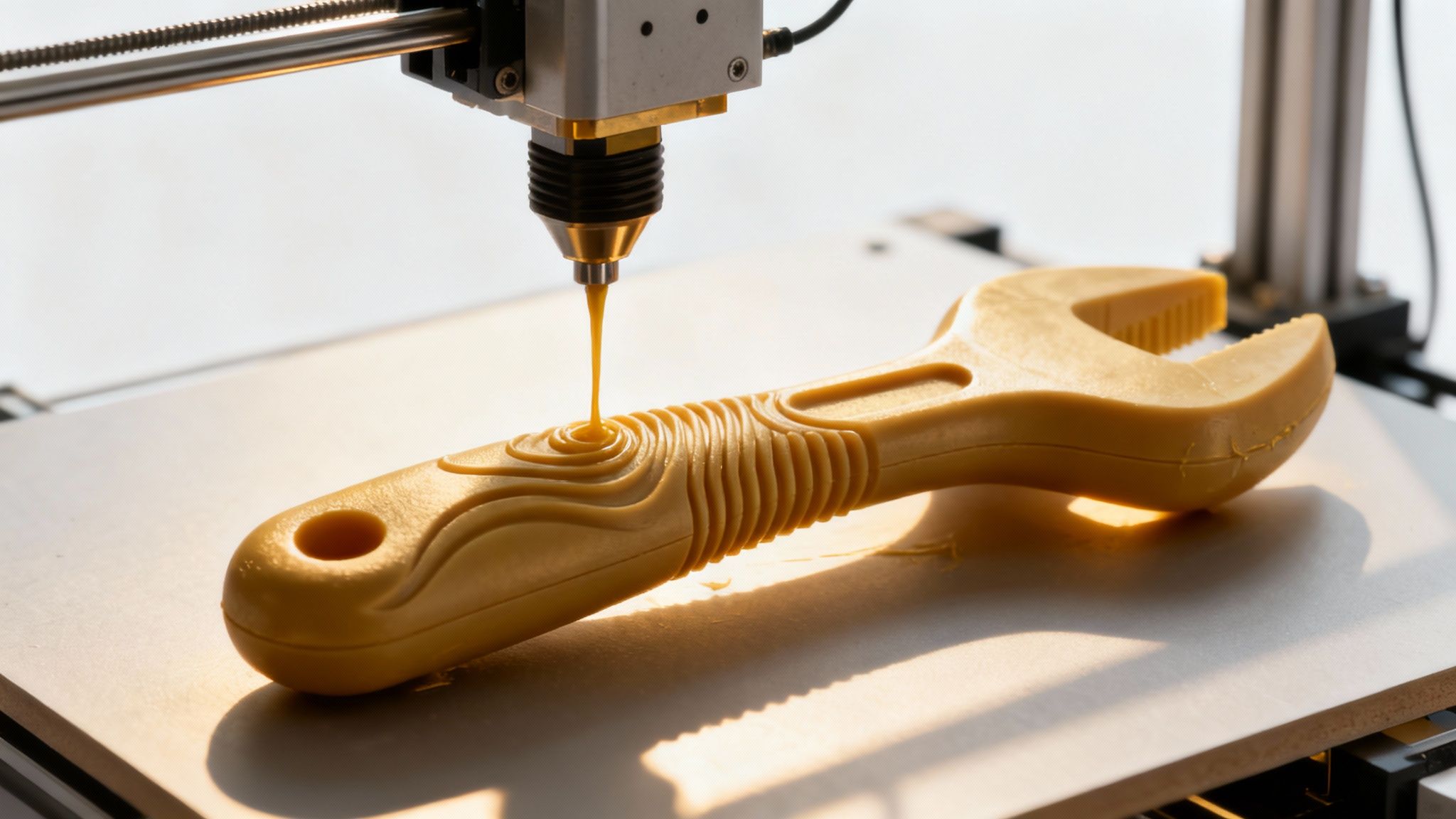A 3D printer creating a custom power tool component, showing the layer-by-layer additive manufacturing process.