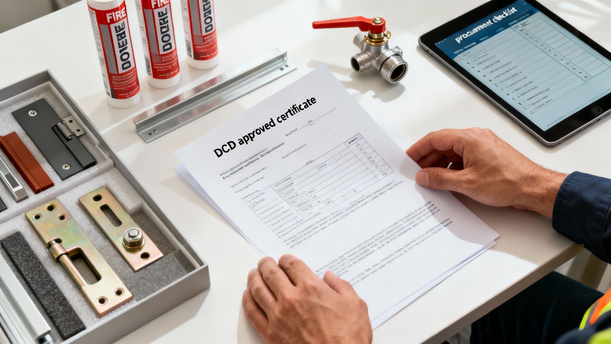 A construction worker reviews a DCD approved certificate and a procurement checklist on a tablet, with fire safety materials.