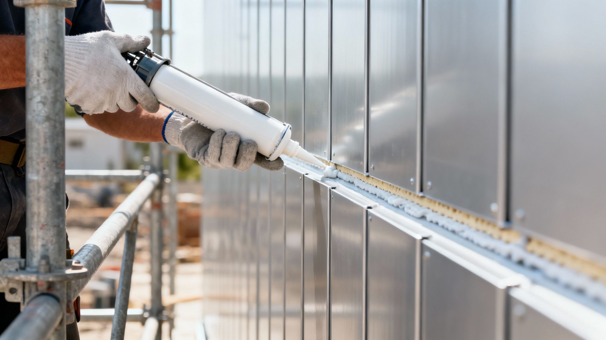 Worker on scaffolding applies white sealant to joints of silver aluminum sandwich panels.