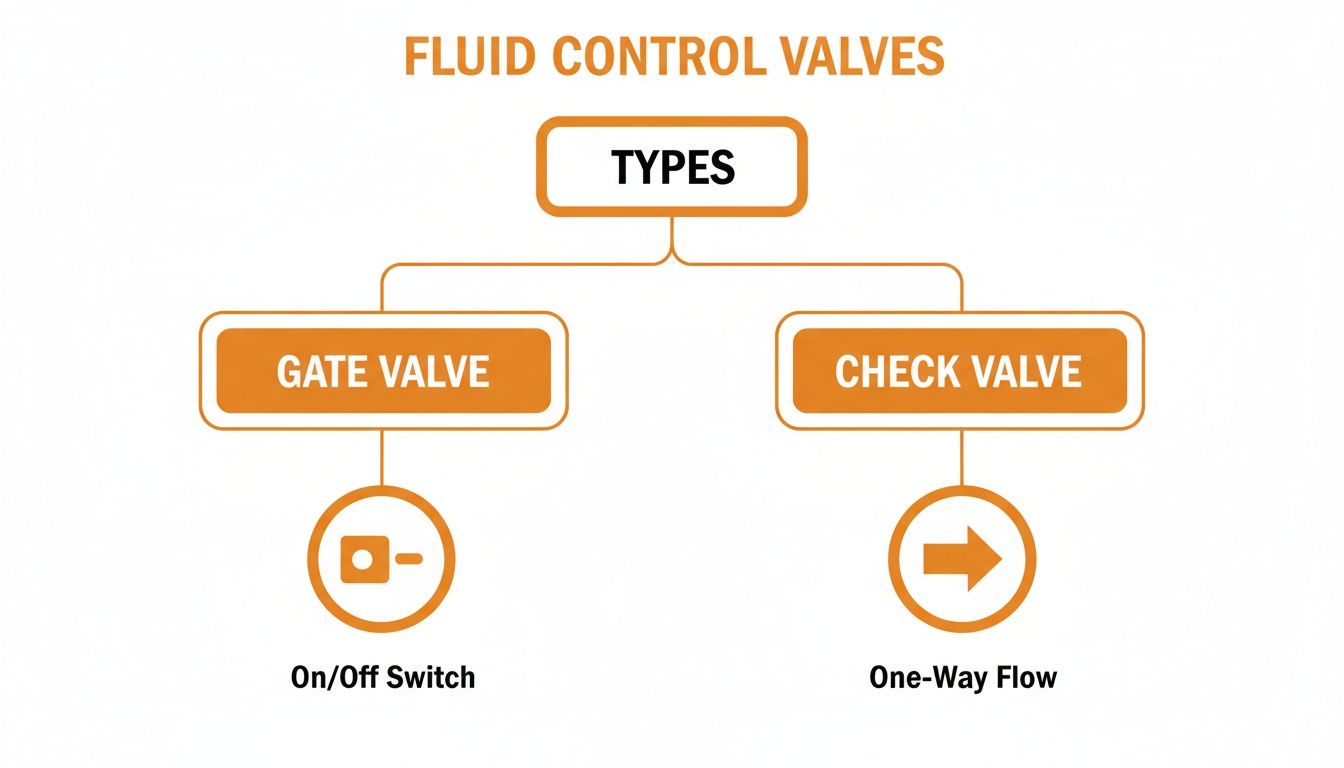 Diagram showing fluid control valve types: gate valve for on/off switching and check valve for one-way flow.