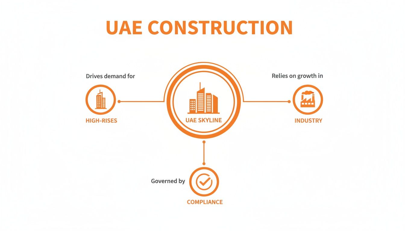 Diagram illustrating UAE construction, showing it drives demand for high-rises, relies on industry growth, and is governed by compliance.