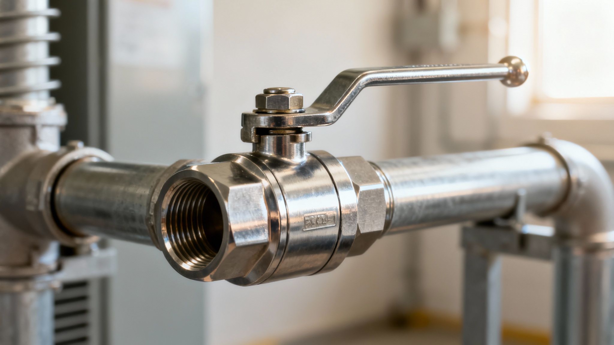 Close-up of a shiny stainless steel ball valve on an industrial piping system.