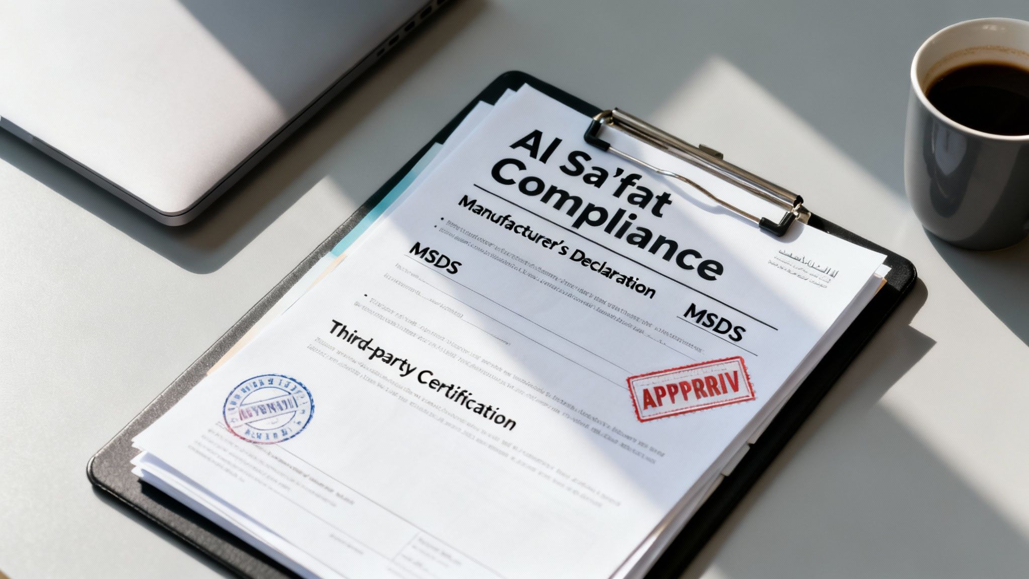 Documents related to 'Al Sa'fat Compliance' with 'Manufacturer's Declaration' and 'Third-party Certification' on a desk.