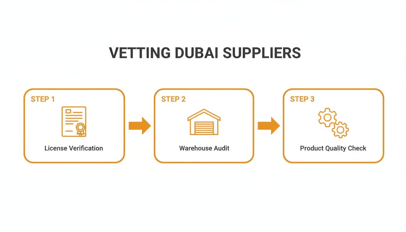 A diagram illustrating three steps for vetting Dubai suppliers: license verification, warehouse audit, and product quality check.