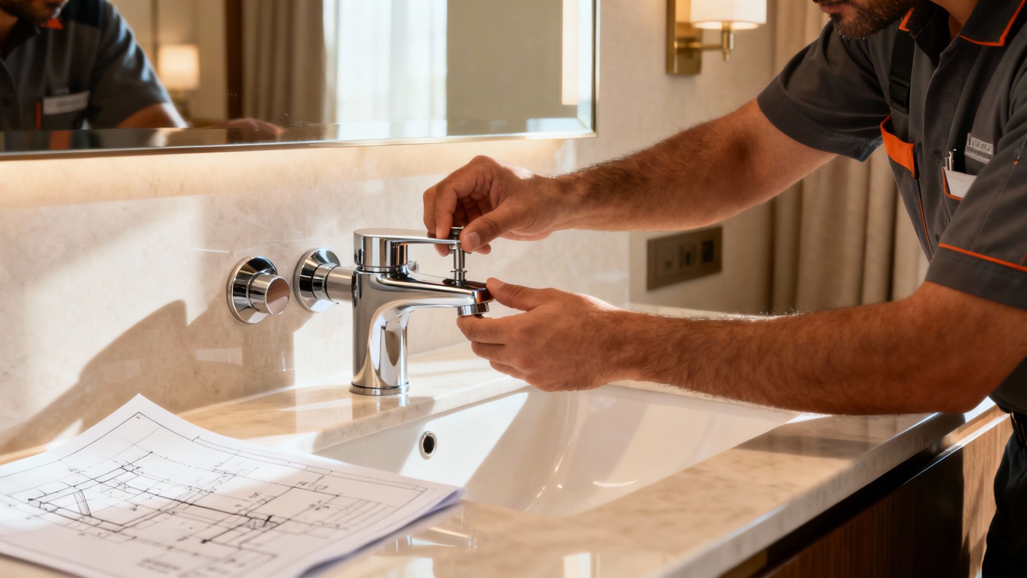 A worker adjusts a new chrome bathroom faucet on a marble countertop with a sink and blueprints.