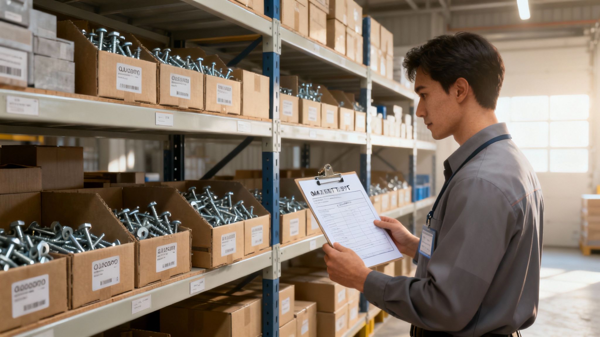 Engineers reviewing technical documents in a warehouse filled with organised boxes of fasteners.