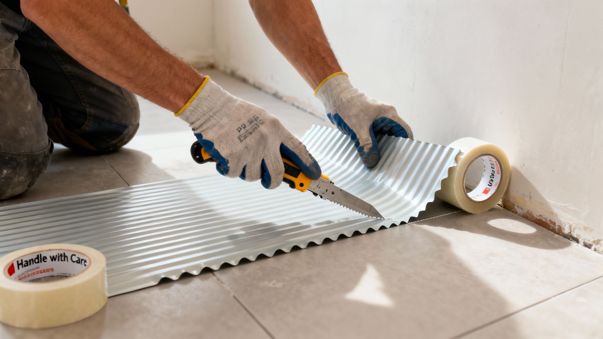 A person in work gloves cuts a corrugated sheet on a tiled floor with a utility knife, preparing for installation.