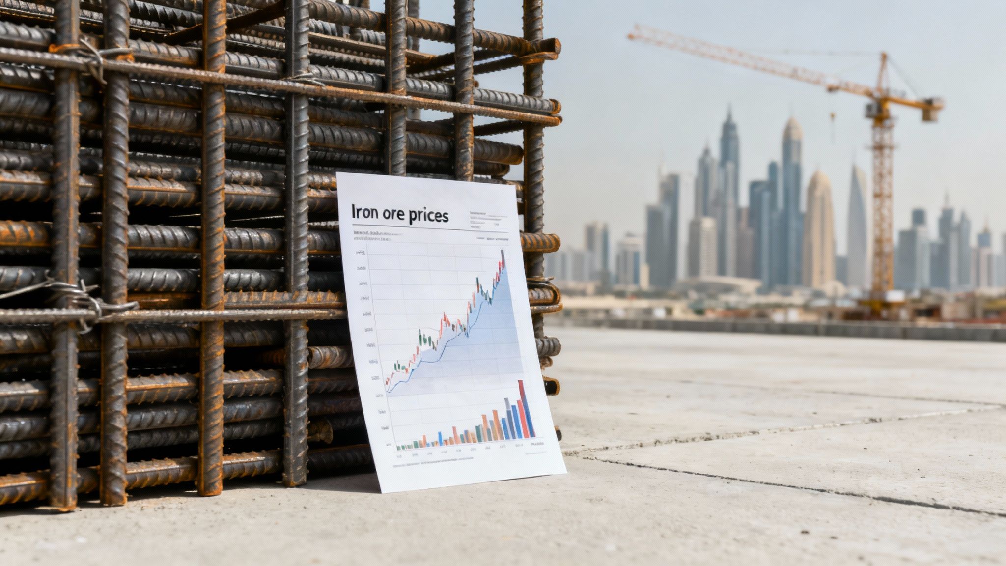 Rebar and an iron ore price chart on a construction site with a city skyline.