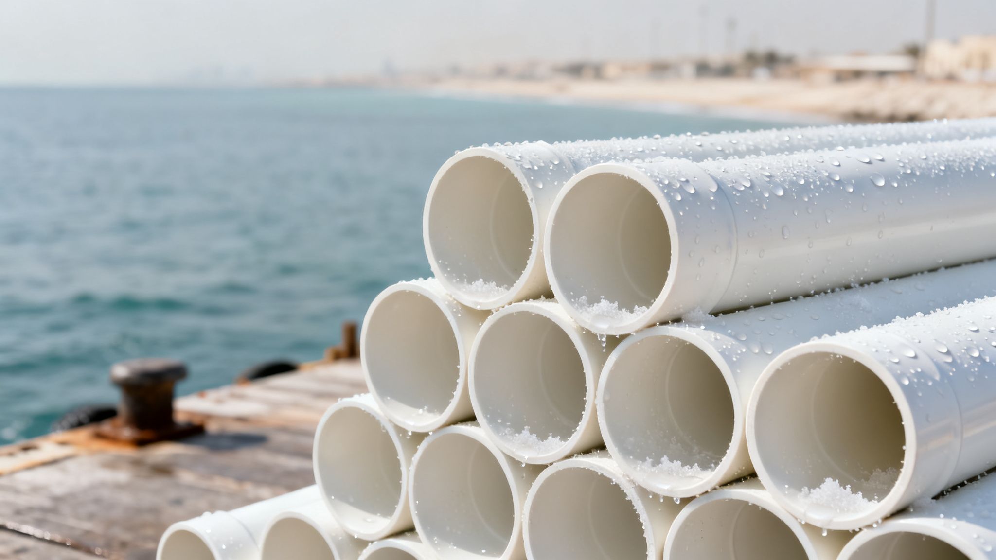 White UPVC pipes stacked on a wooden pier by the sea, covered in water droplets and ice.