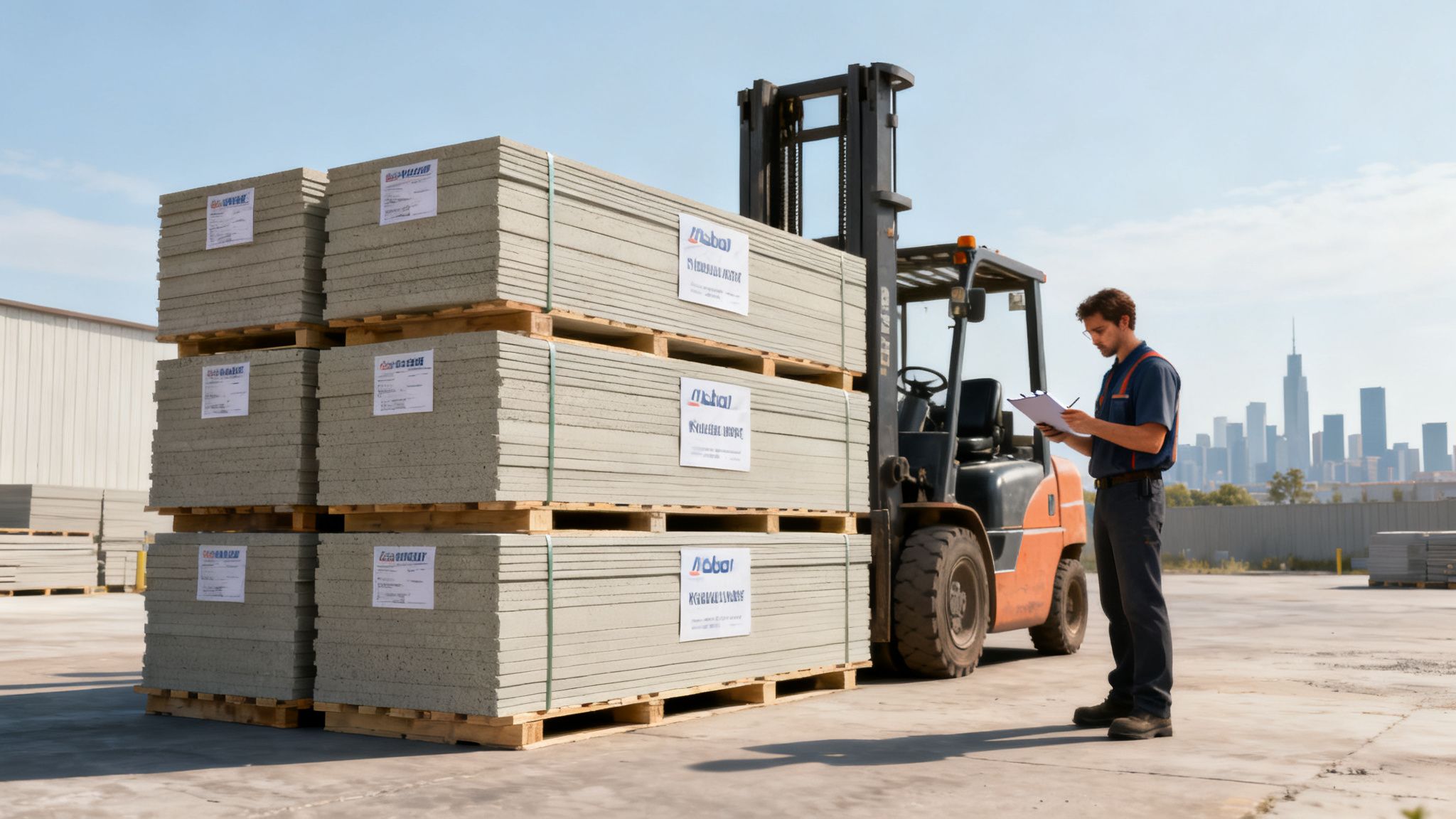 Man inspecting stacks of fiber cement boards on pallets next to a forklift with a city skyline.