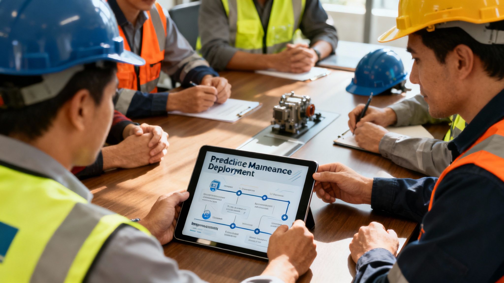 A facility manager reviewing a predictive maintenance roadmap on a tablet, with MEP system schematics in the background.
