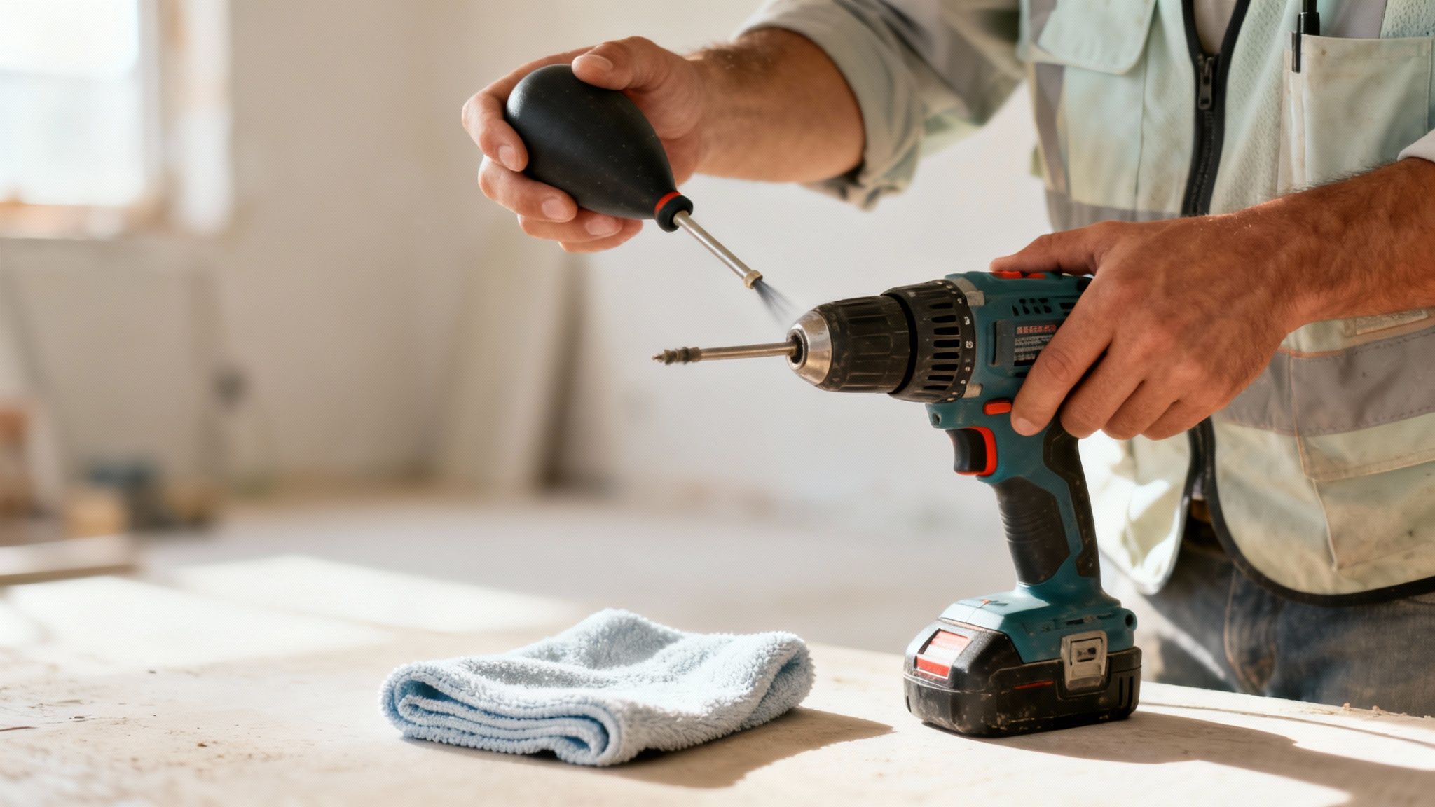 A worker cleans dust from a power drill's bit with an air blower, with a cloth nearby.