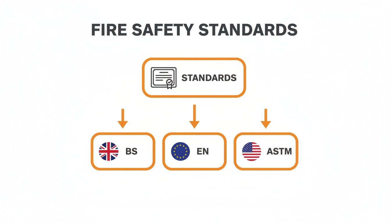 Diagram illustrating fire safety standards, including British (BS), European (EN), and American (ASTM) certifications.