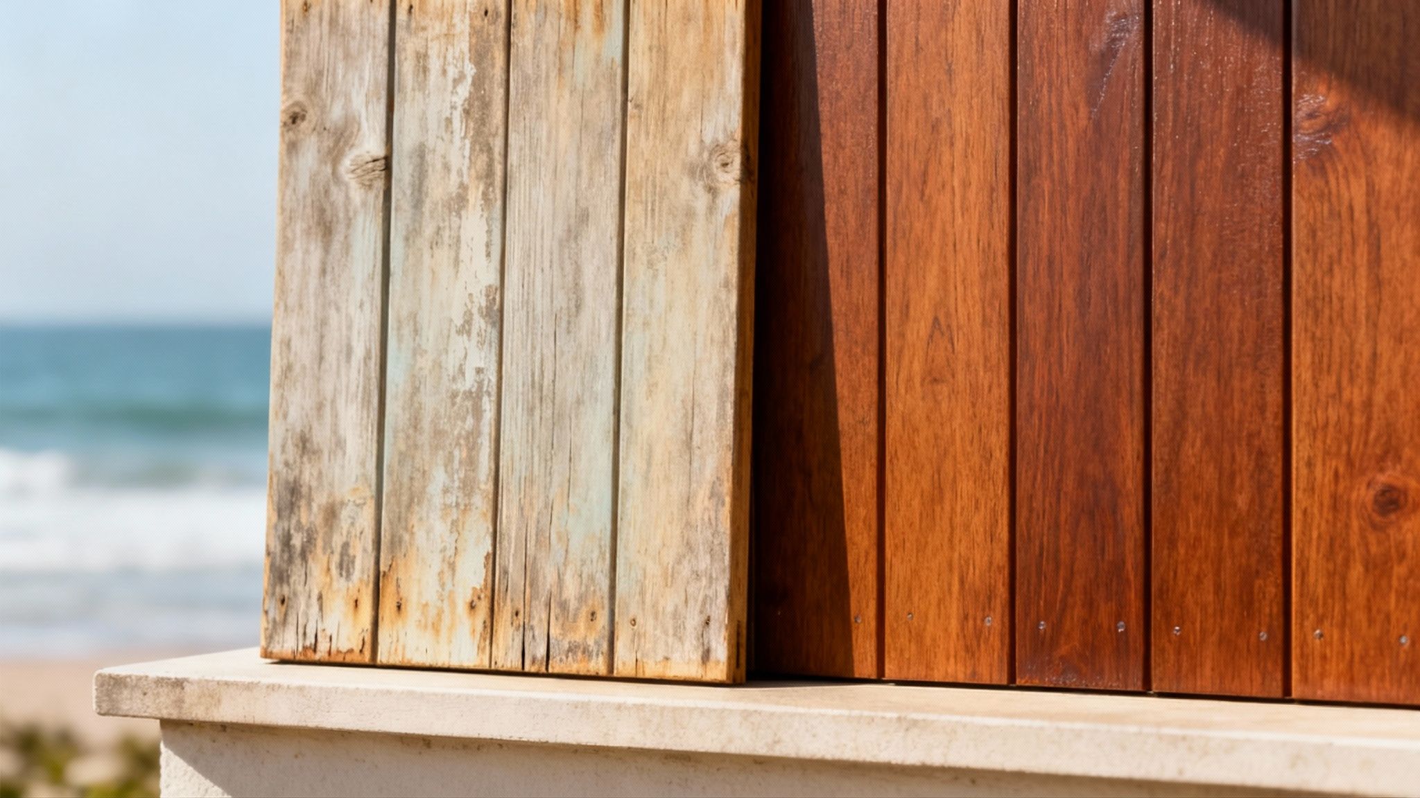 A stark contrast between weathered, untreated wooden planks and rich, varnished wood by the sea.