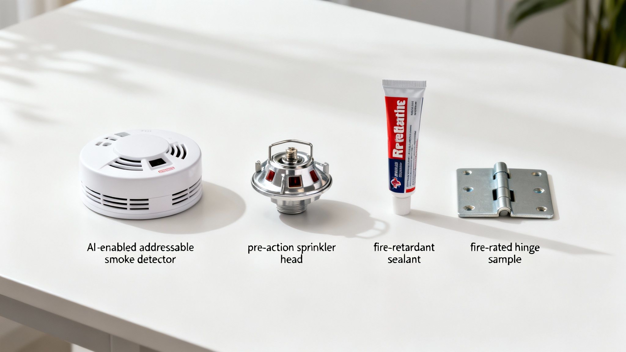 A collection of fire safety equipment on a white table: a smoke detector, sprinkler head, sealant, and fire-rated hinge.