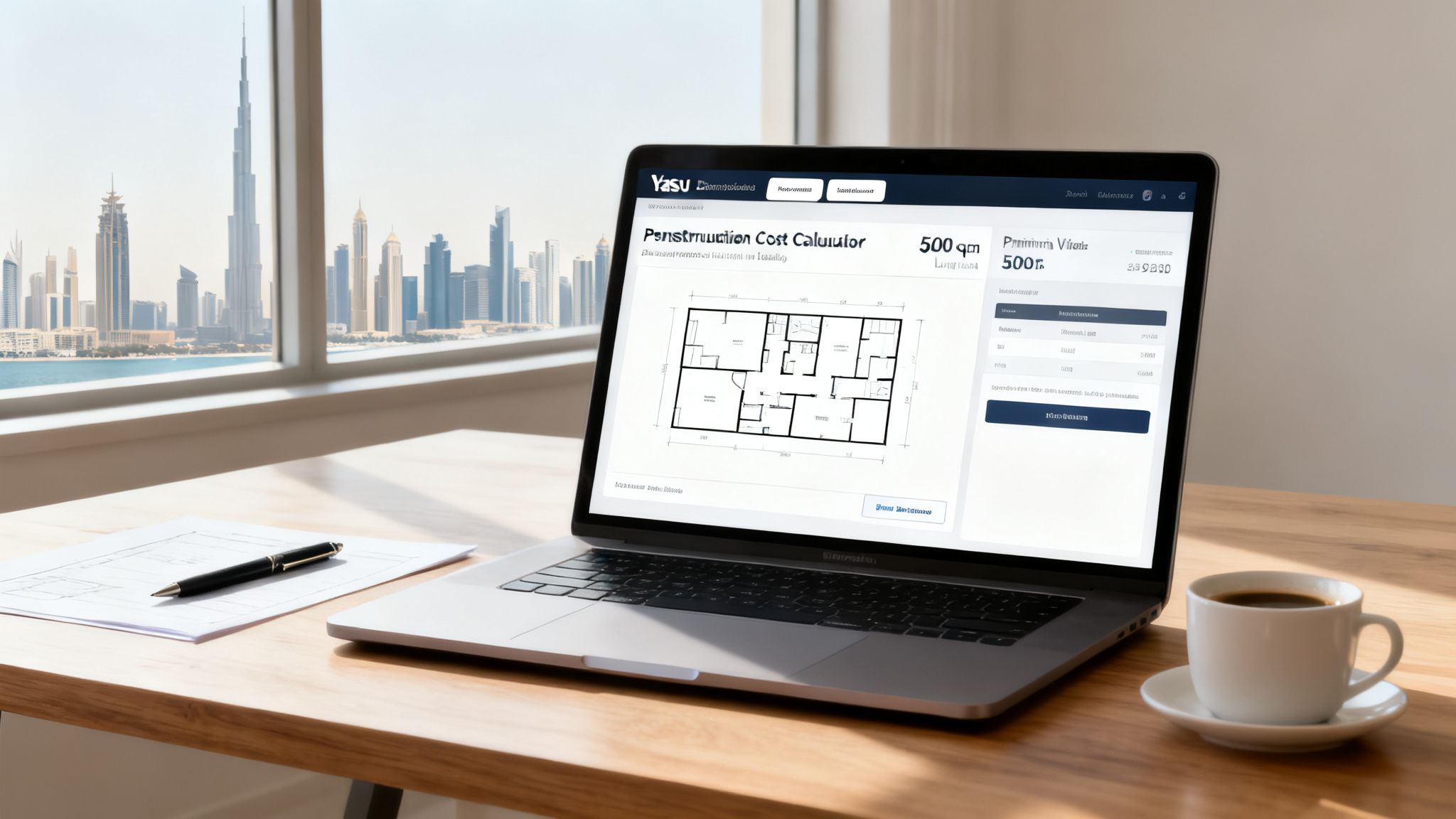 A laptop on a wooden desk displaying a construction cost calculator with a floor plan, overlooking a city skyline.
