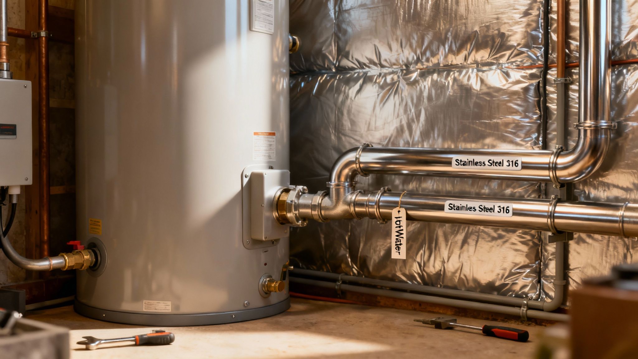 A modern water heater connected to stainless steel pipes labeled 'hot water' in a utility room.
