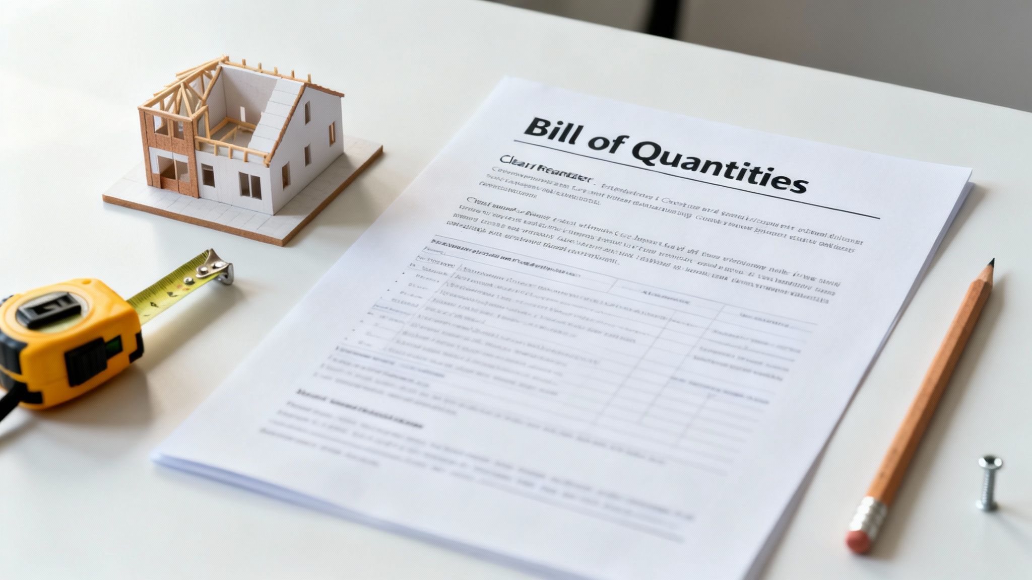 A detailed miniature house model, measuring tape, and a 'Bill of Quantities' document on a white desk.