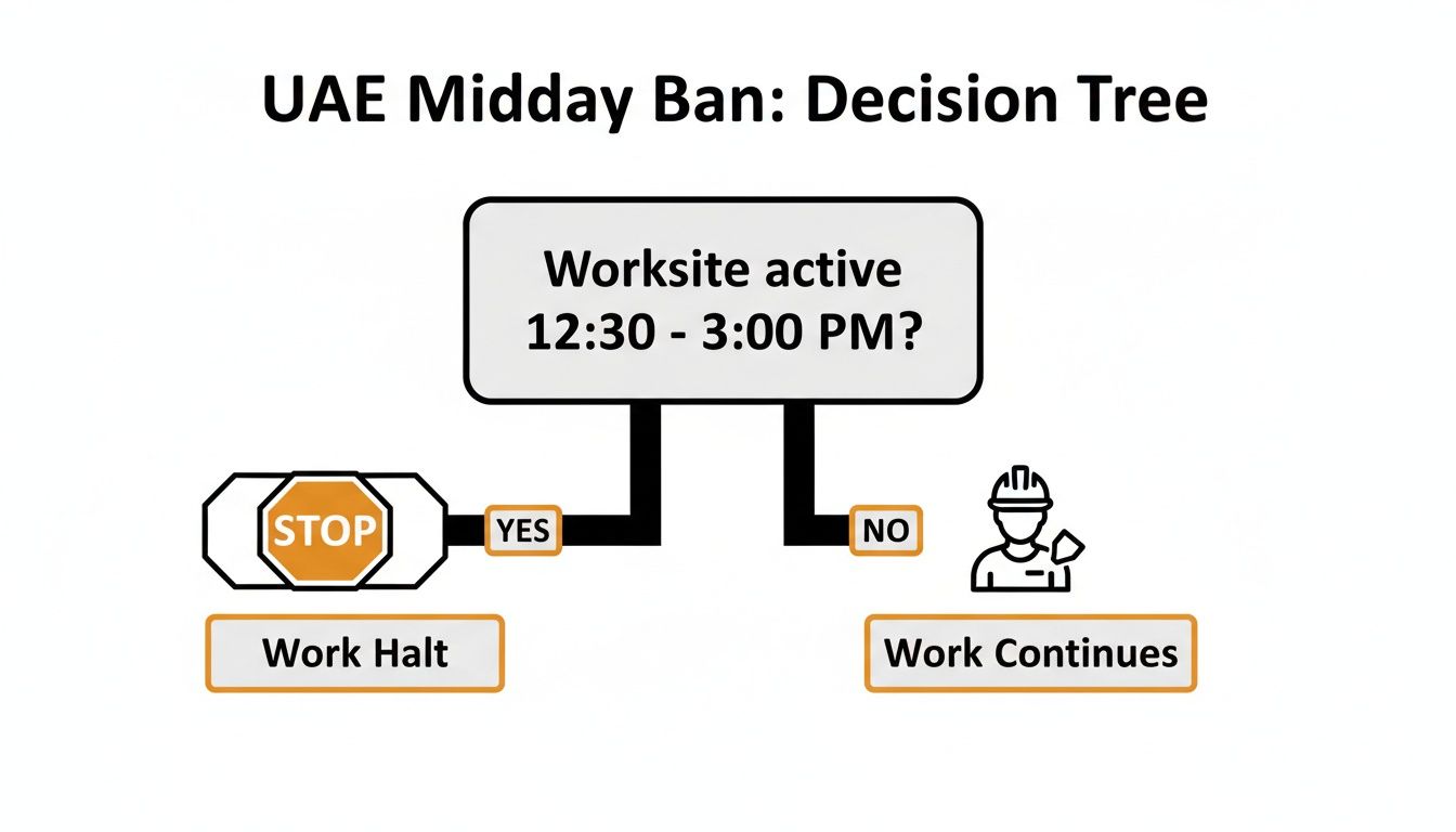 Decision tree for UAE Midday Ban, illustrating work halt if site is active during restricted hours.