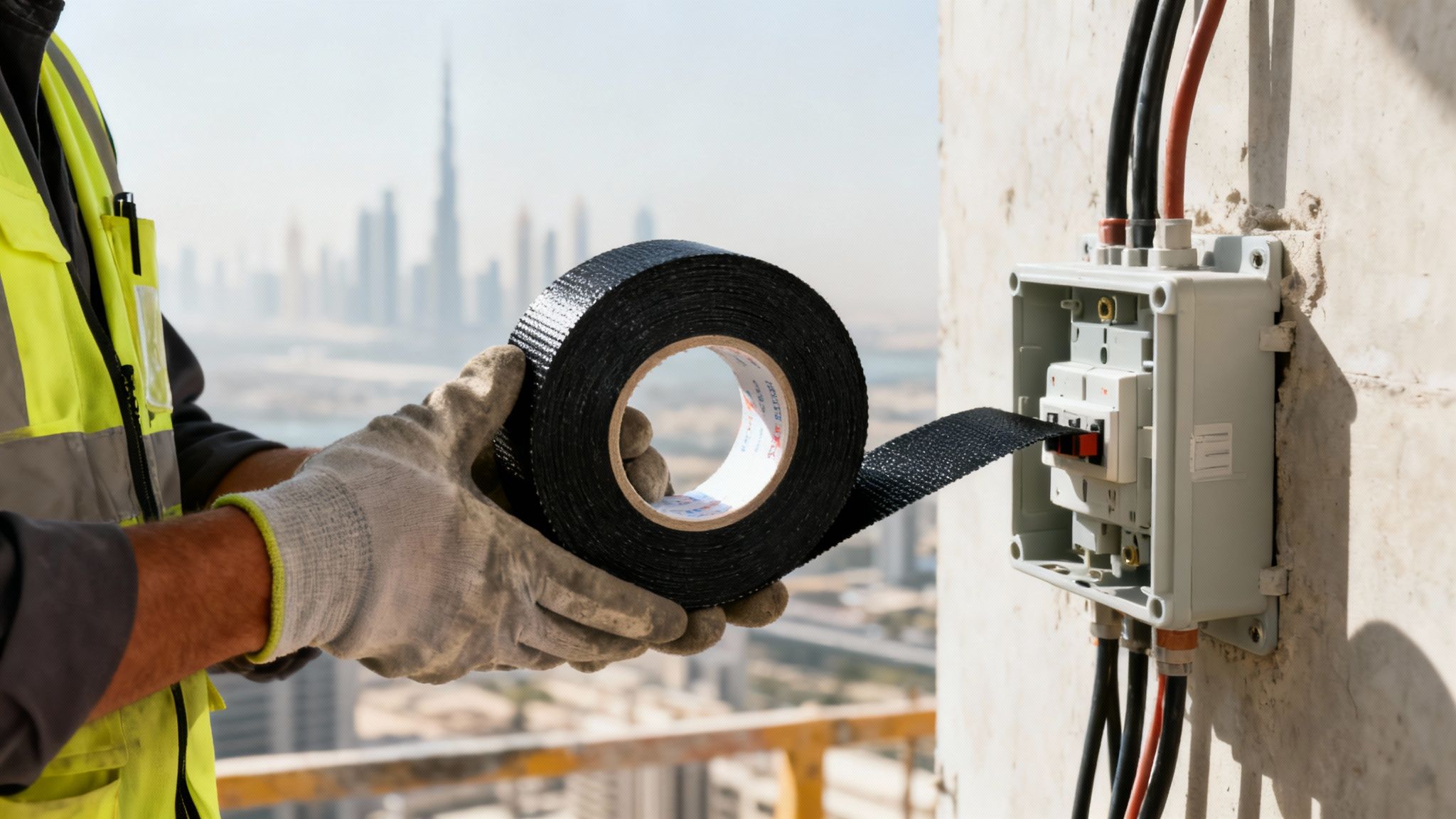 A construction worker applies black electrical insulation tape to an electrical box on a wall, with a city skyline in the background.