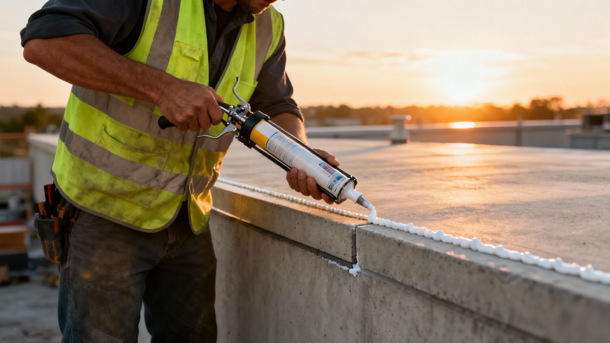 A construction worker carefully tools a freshly applied sealant joint on a building facade.