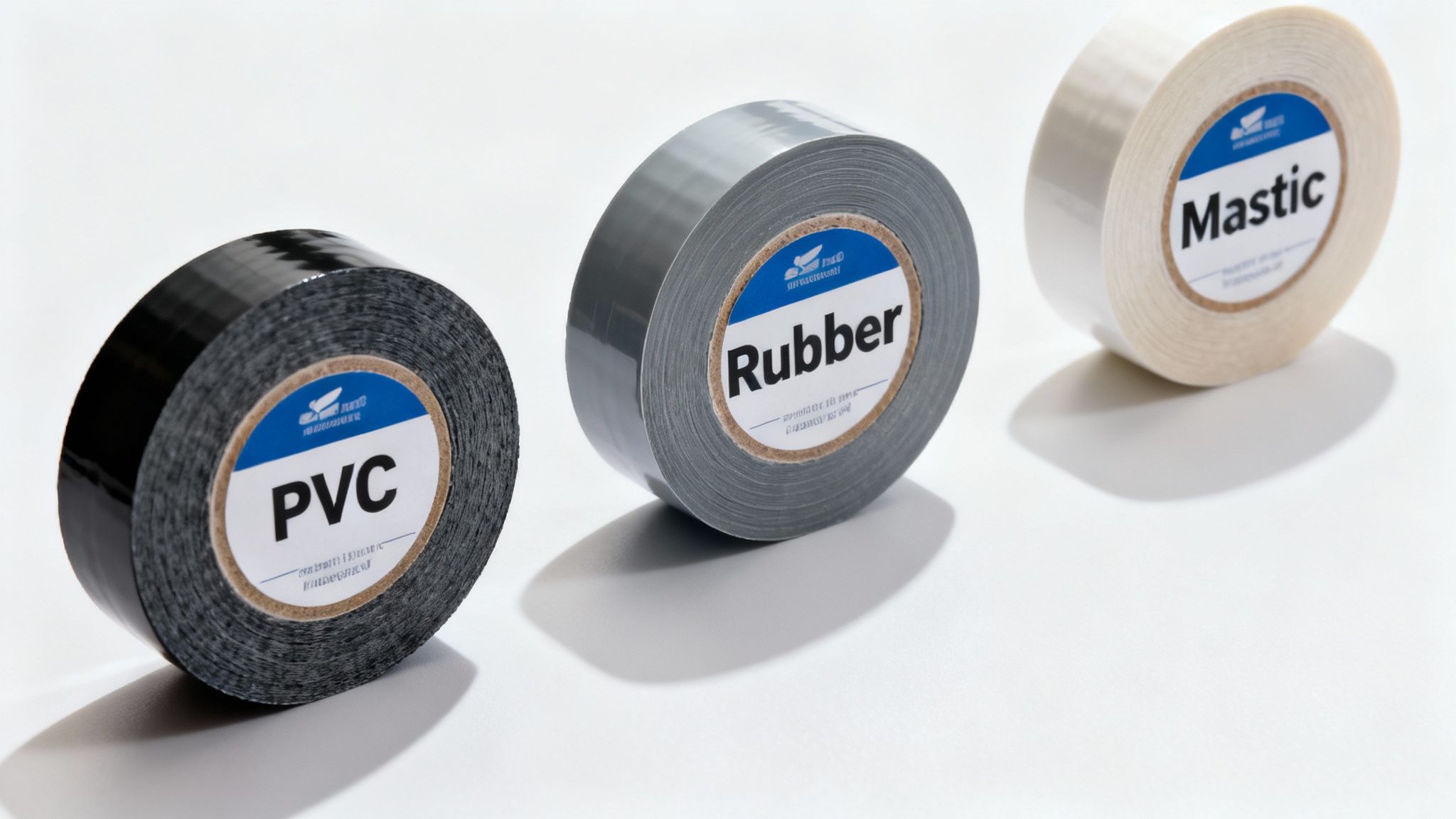 Three rolls of electrical insulation tape: black PVC, grey rubber, and white mastic on a white background.