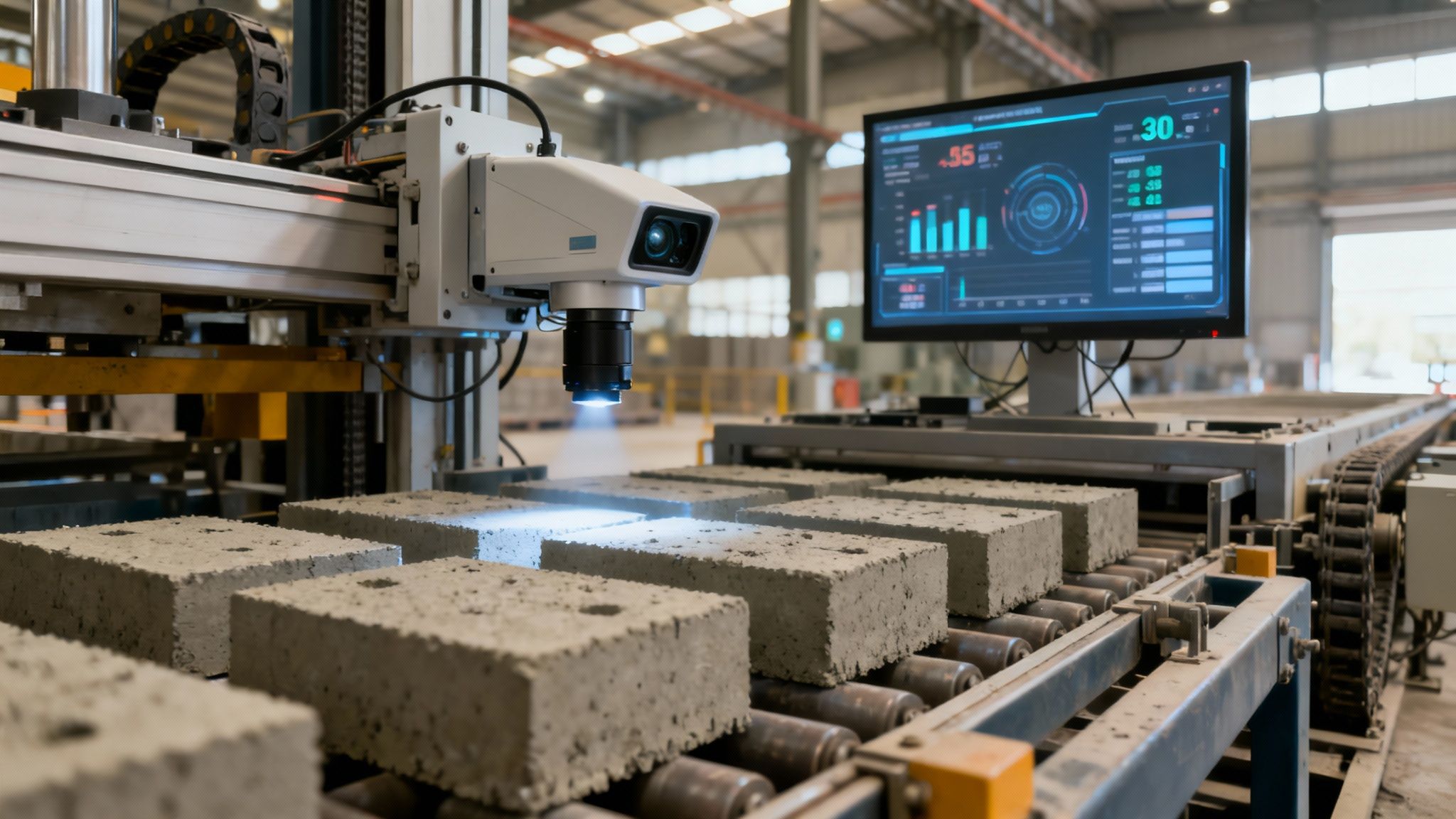 A construction site with digital overlays showing AI-driven quality control scans.