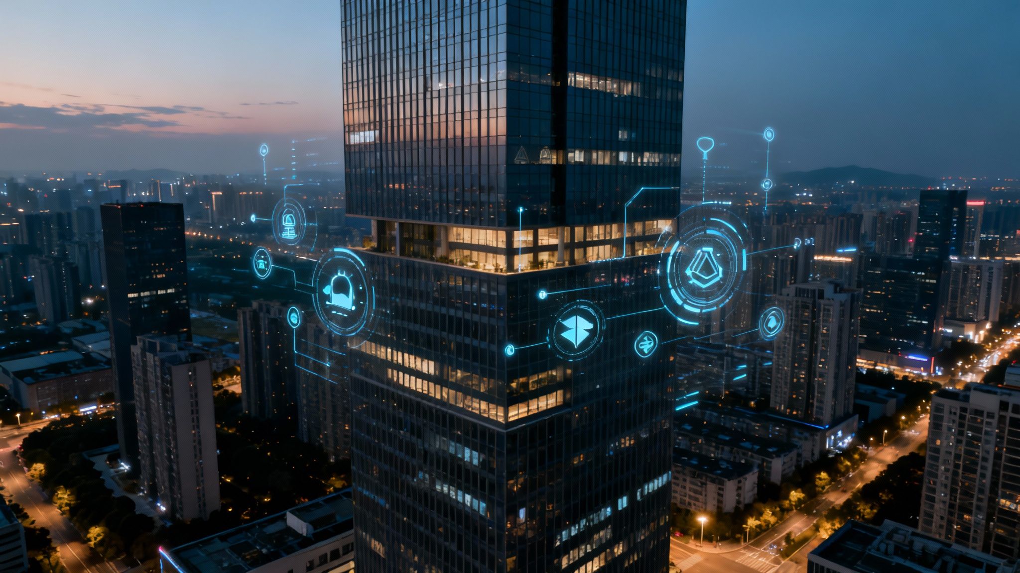 A futuristic building interior with holographic displays showing real-time MEP system data and predictive analytics.