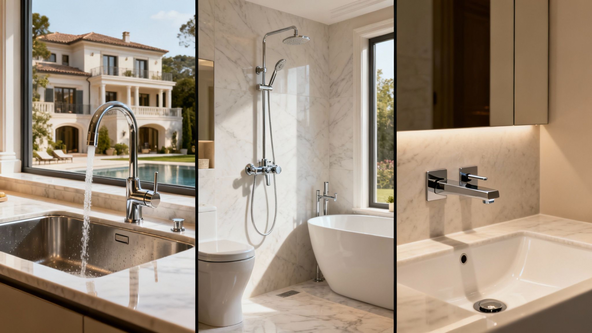 Modern chrome faucets, shower system, and bathtub in luxurious kitchen and bathroom settings.