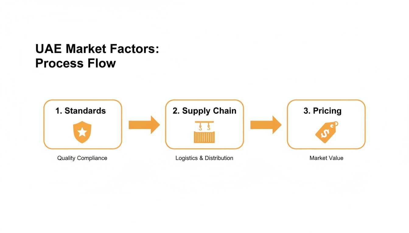 Process flow for UAE market factors: Standards, Supply Chain, and Pricing in sequential steps.