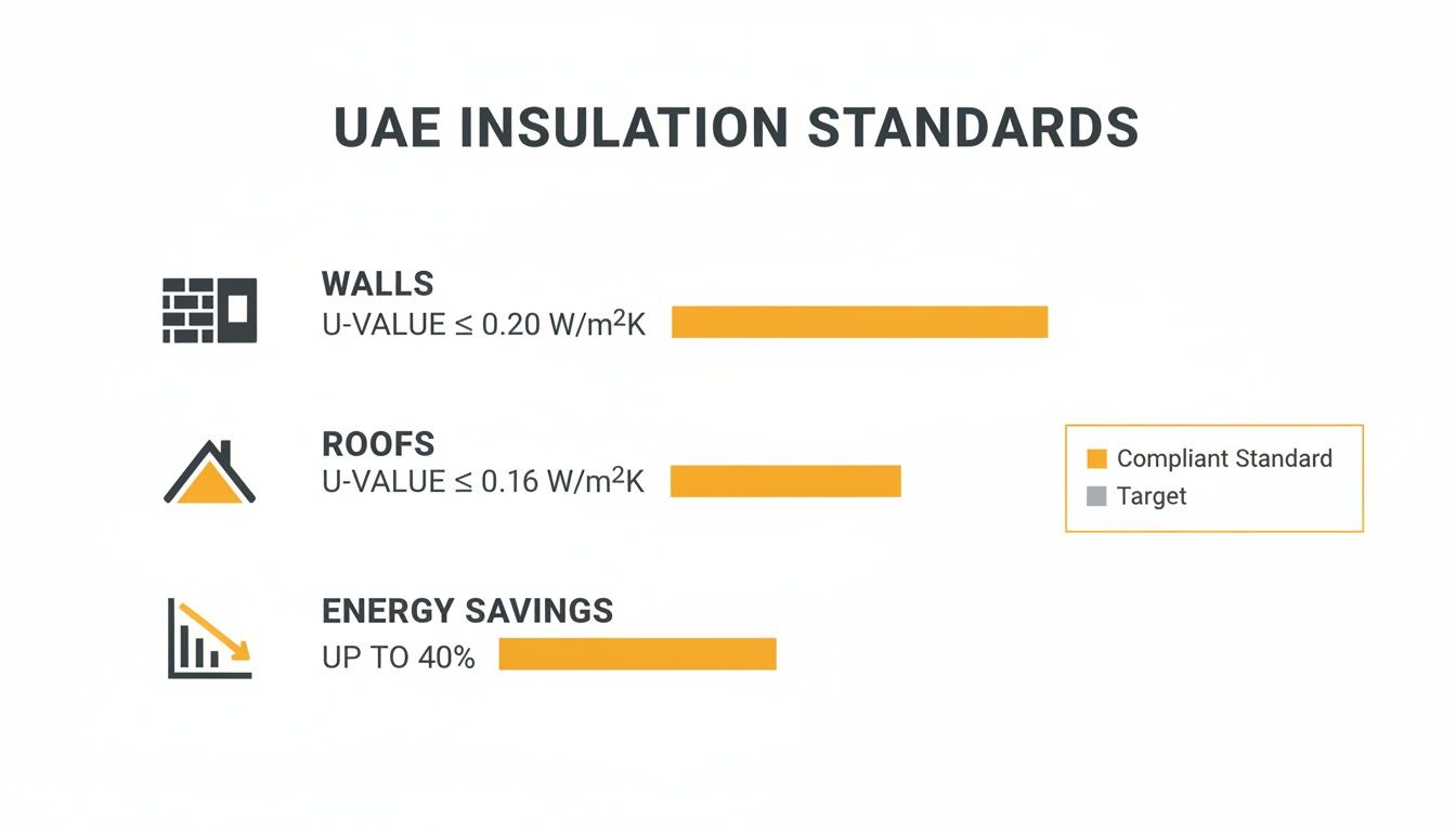 Infographic showing UAE insulation standards for walls and roofs, highlighting energy savings.