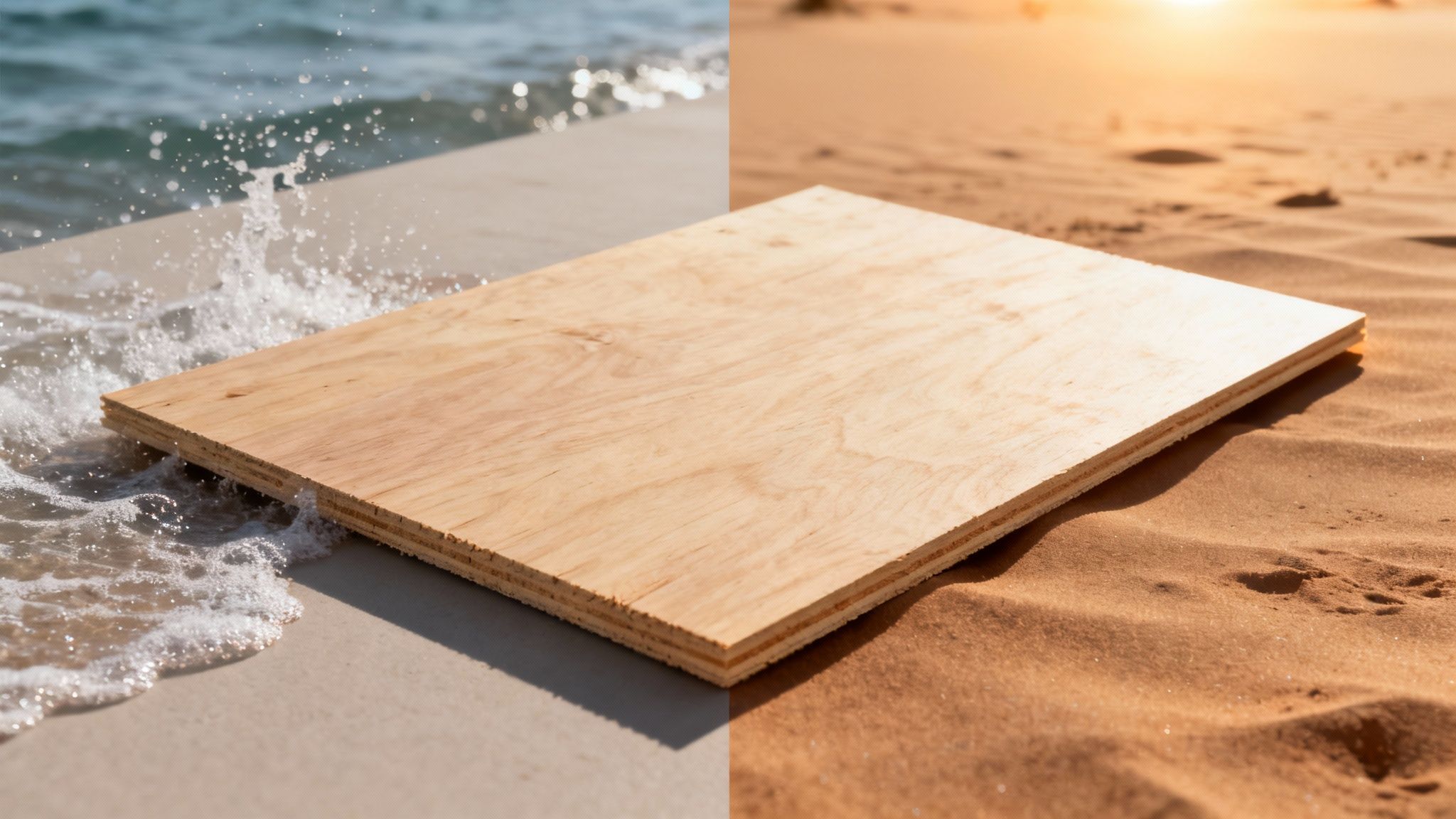 Durable marine plywood shown half in splashing ocean water and half on dry desert sand.