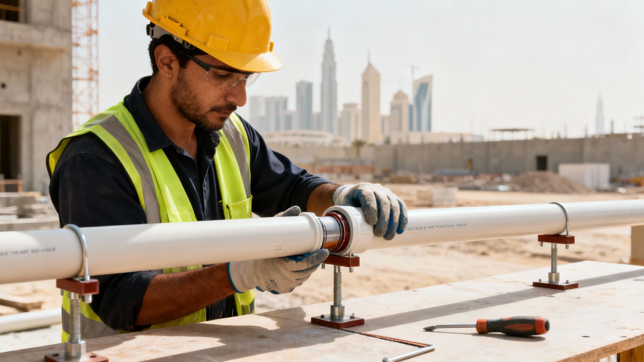 Construction worker in a hard hat and safety vest joining white UPVC pipes on a job site.