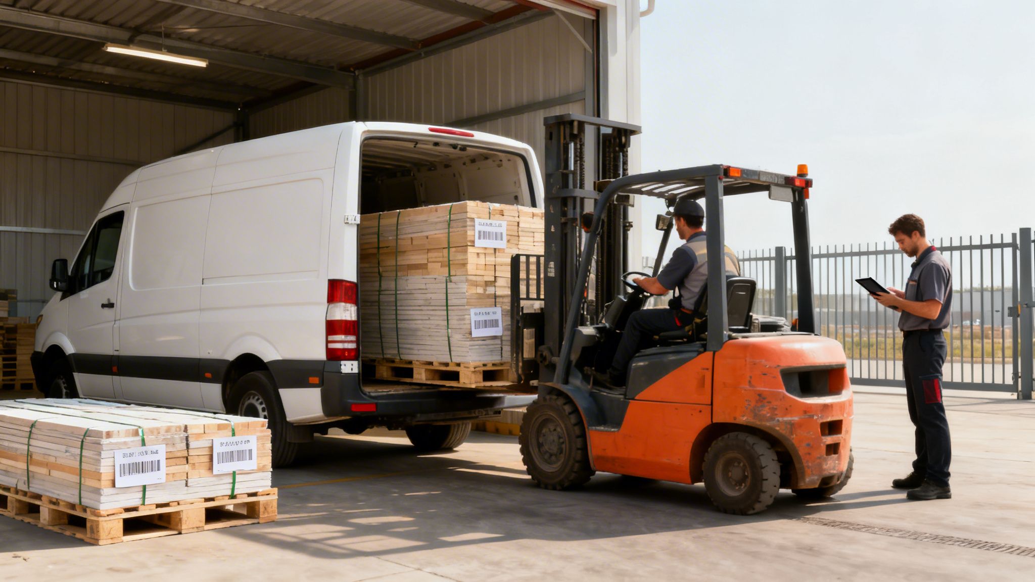 Two workers loading stacked building materials onto a white van using a forklift at a warehouse.