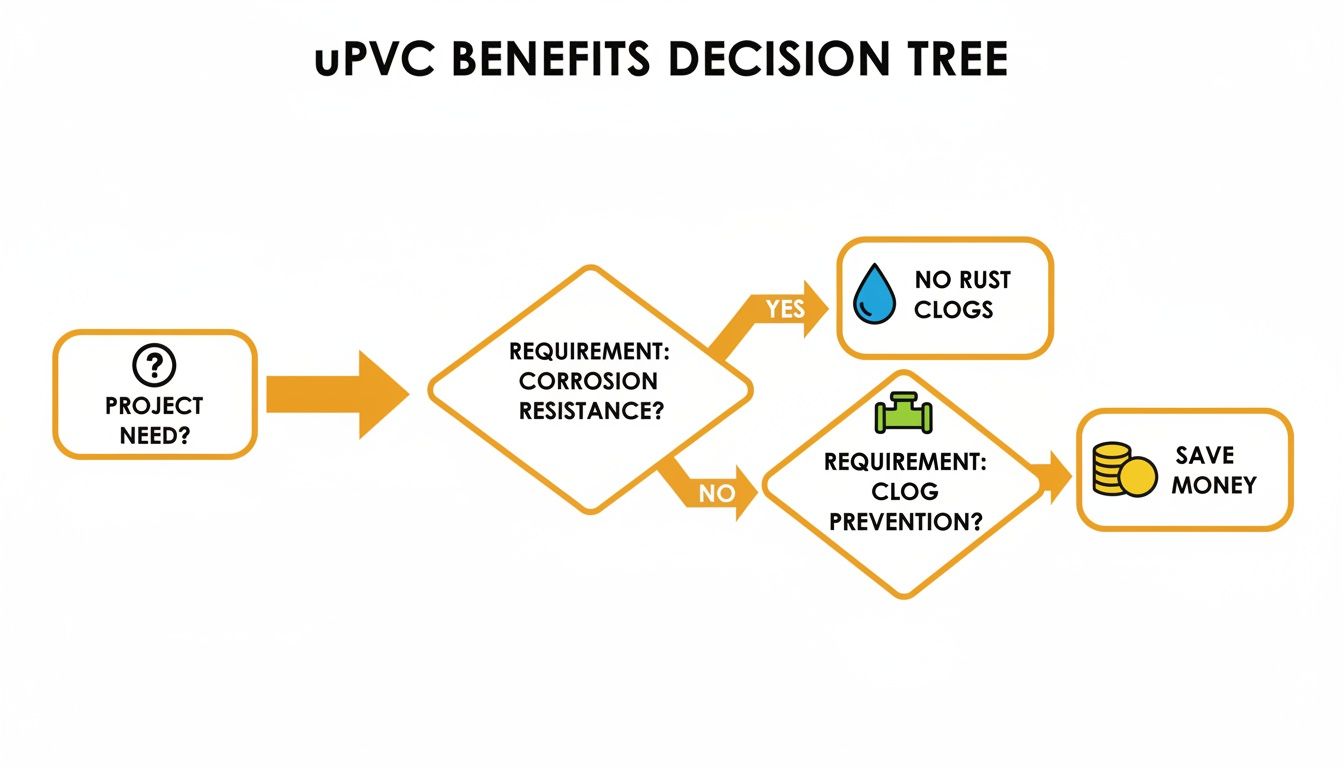 A uPVC benefits decision tree showing how uPVC addresses corrosion and clog prevention, saving money.