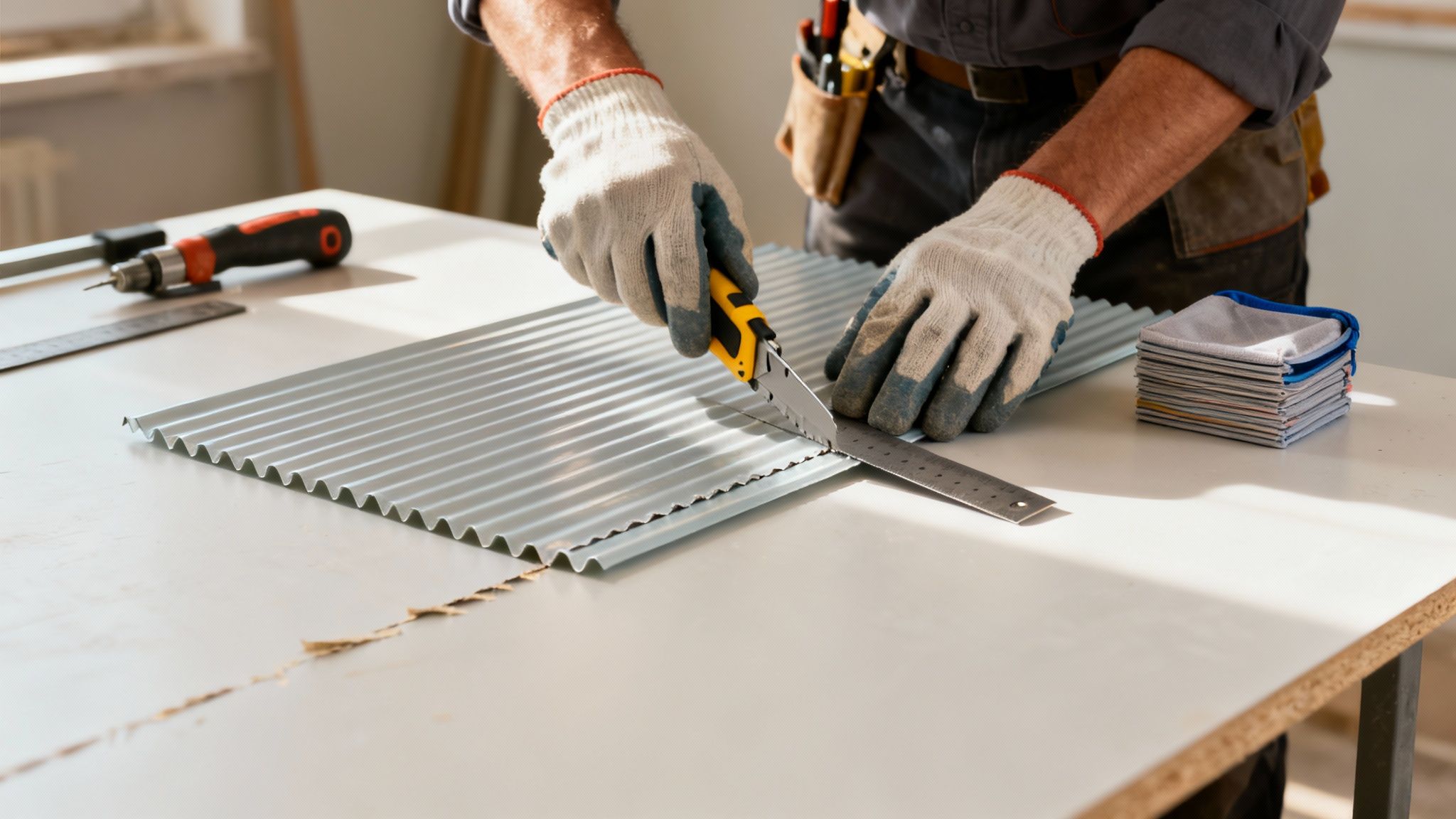 A craftsman in work gloves precisely cuts a grey corrugated sheet with a utility knife and ruler.