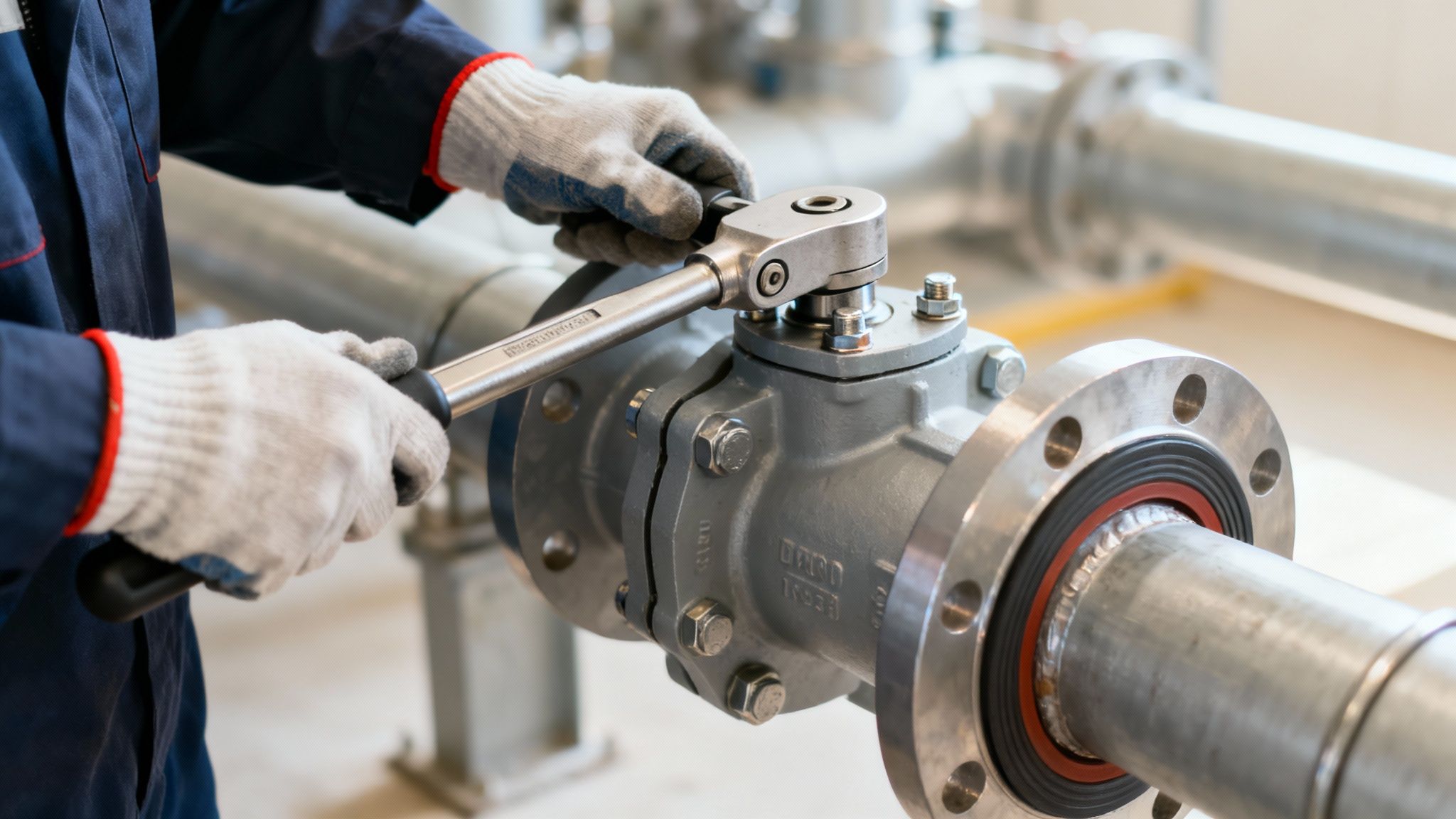 A worker in blue overalls and white gloves uses a torque wrench to tighten bolts on an industrial valve in a facility.