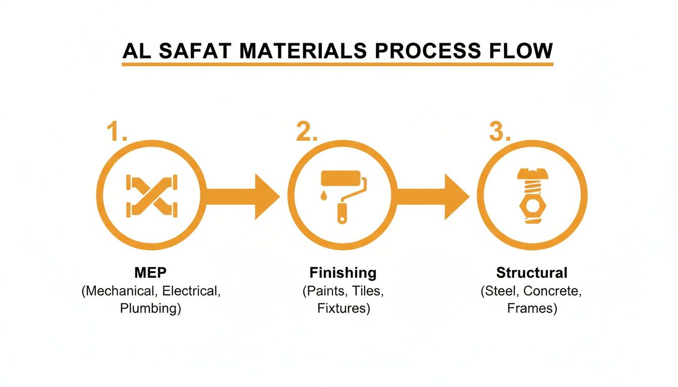 Diagram illustrating Al Safat Materials process flow, detailing MEP, Finishing, and Structural stages with icons.