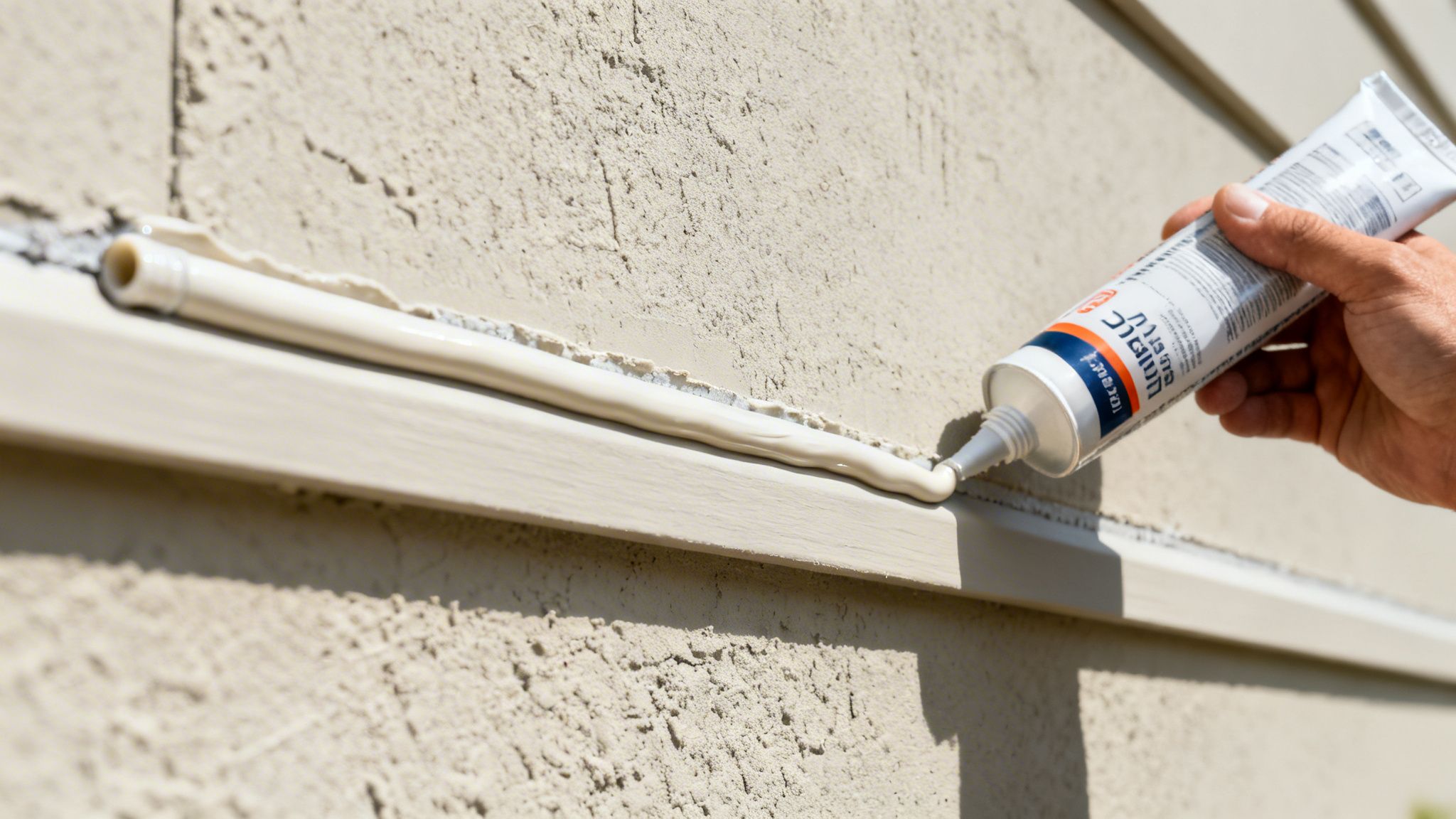 A hand applies caulk from a tube along a trim piece on a textured building wall.